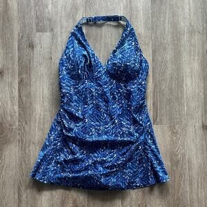 L.L.Bean Shaping Swimwear Clasp Halter Dress Blue Print Size 14 One Piece